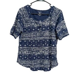 Sonoma Women's XL Navy Blue White Print Short Sleeve Top Blouse Shirt‎